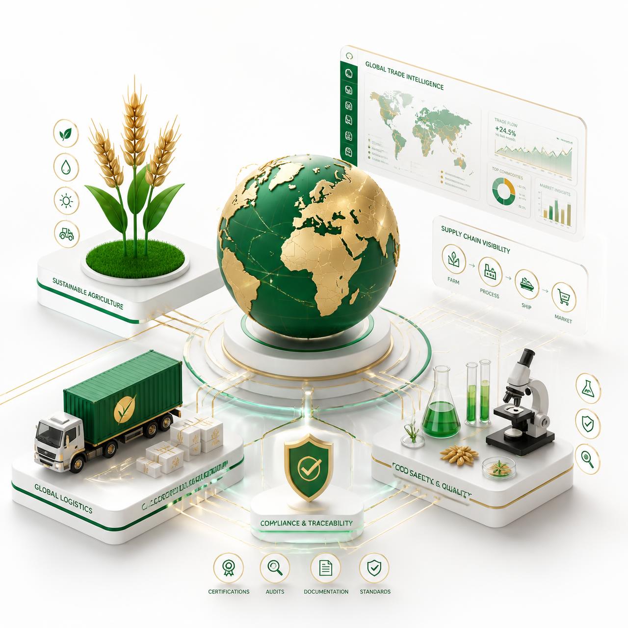 Illustration of agriculture, global trade, technology and compliance interconnected